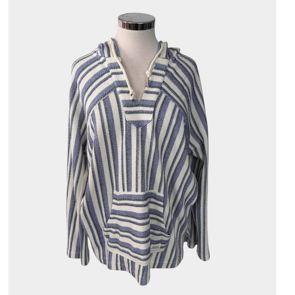 Roxy Large Wild and Free Blue Striped V Neck Poncho Hoodie